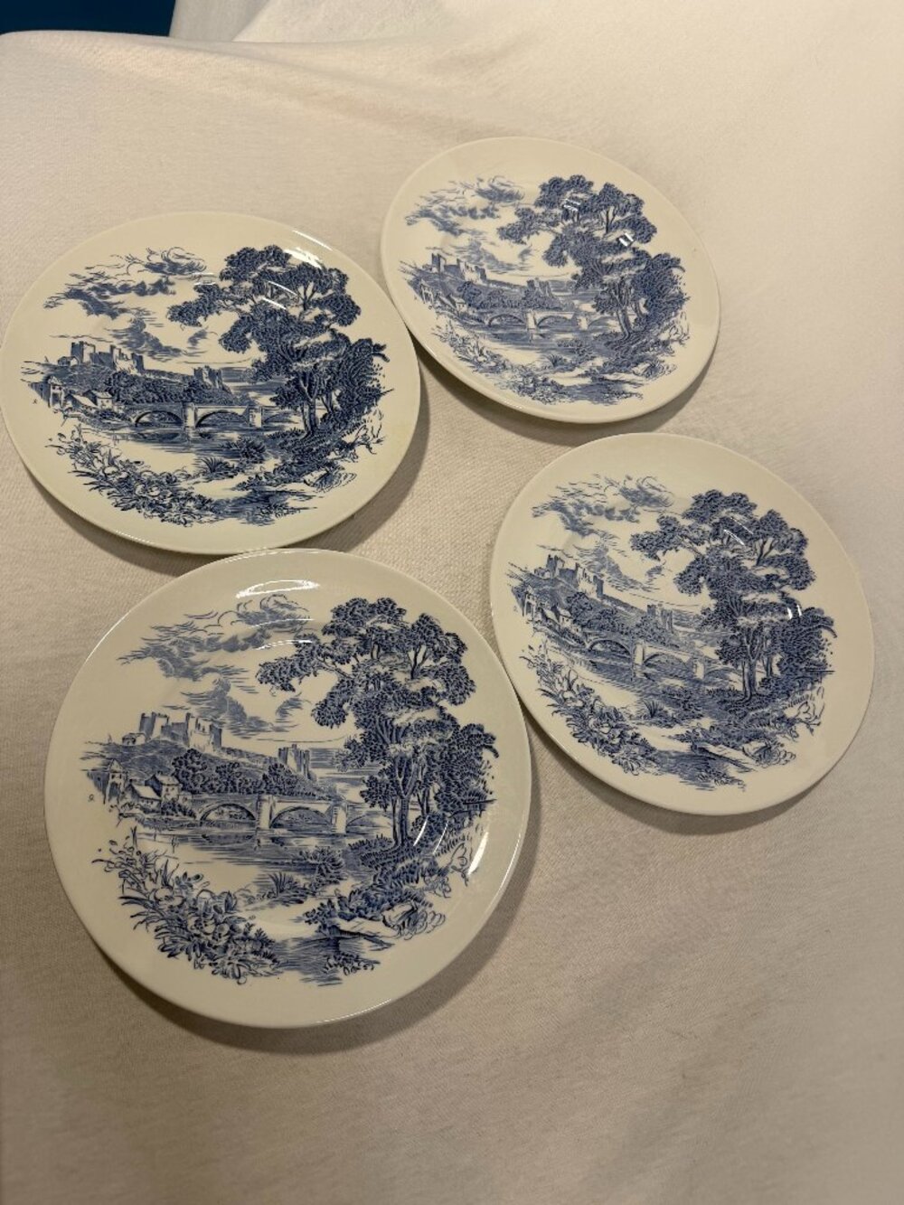 Wedgwood Countryside Dinner Plates 10" Blue White Vintage England Set of 4 Vtg